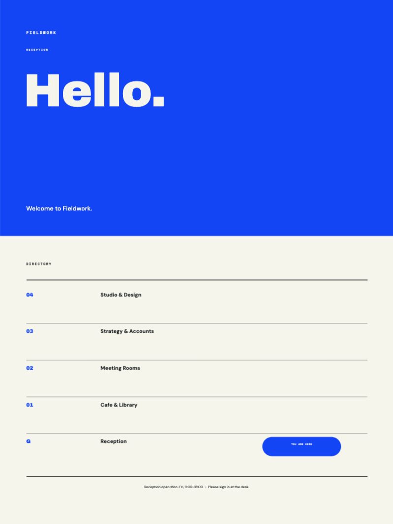 Hello Reception & Directory Sign — Presentation & Display template preview (5315×7087)