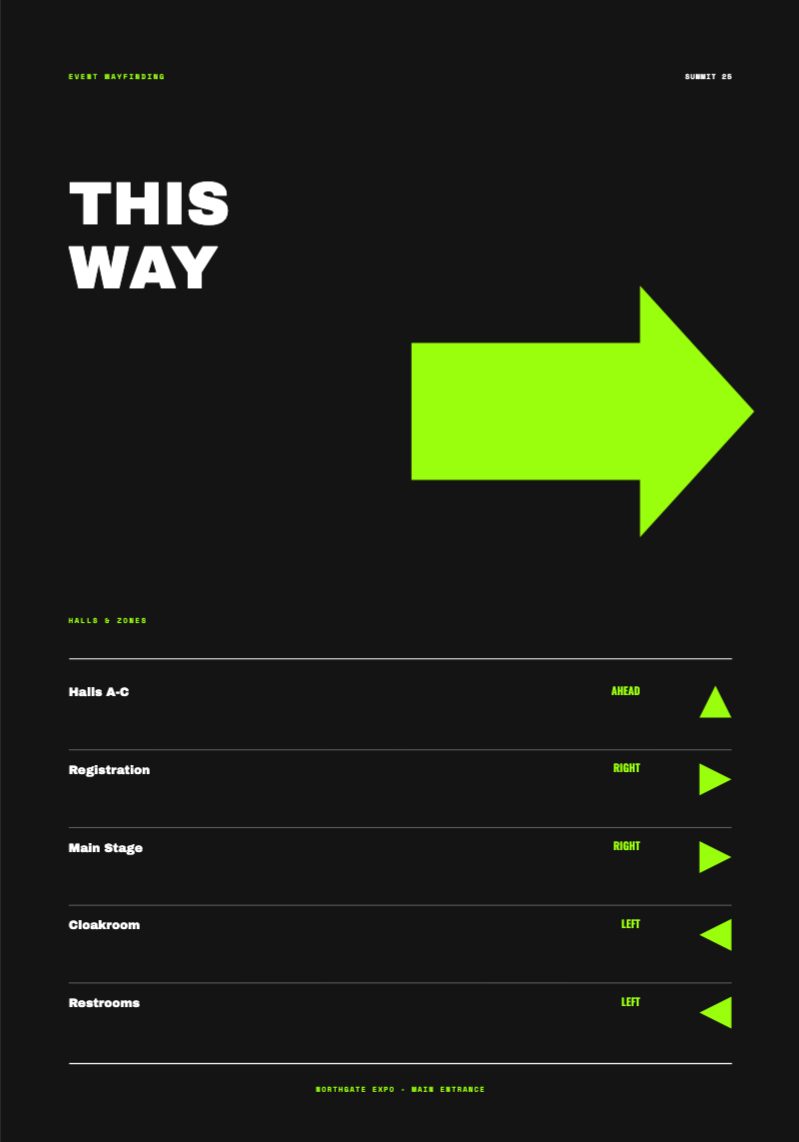 This Way Event Directional Sign — Presentation & Display template preview (4134×5906)