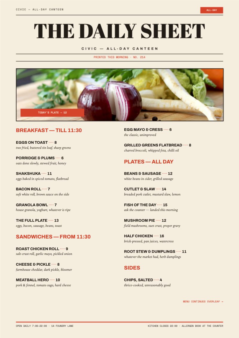 Daily Sheet Menu — Hospitality template preview (2480×3508)