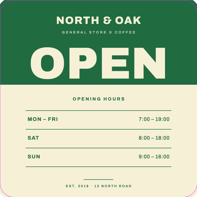 Storefront Hours Window Sticker — Stickers & Labels template preview (2362×2362)