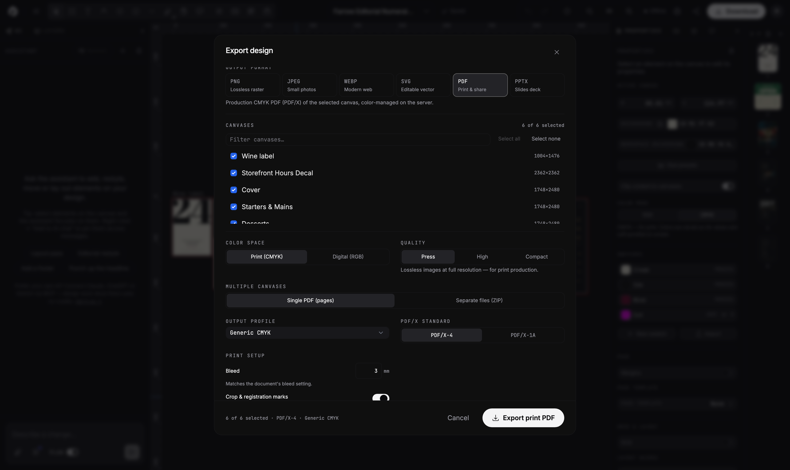 Print export dialog with PDF/X-4, ICC profile, bleed and crop marks